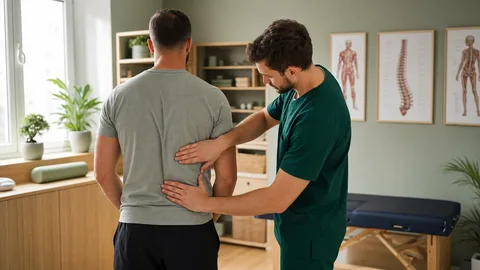 Fizjoterapeuta ocenia ruch kręgosłupa pacjenta w gabinecie